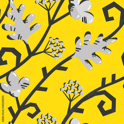 Seamless pattern with floral ornament. Raster illustration for design, wrapping, packaging. Gray flowers on a yellow background.