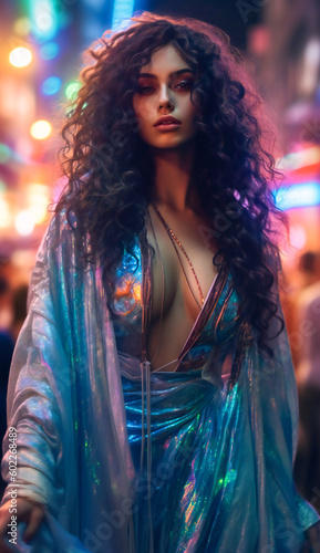 Illustration of a beautiful young woman light dressed, under colored neon lights. Created with Generative AI technology. © Adrian Grosu