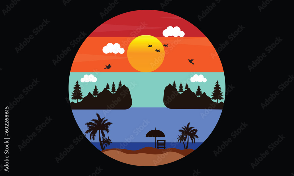 Summer paradise t-shirt design, illustration, graphics design, sea beach, sunshine, mountain, hiking, vector t-shirt design