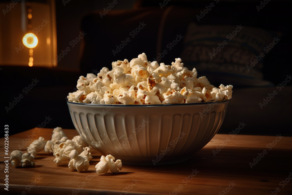 Bowl of popcorn on wooden table in dark room, closeup . Generative AI Bowl of popcorn on wooden table in dark room, closeup . Generative AI