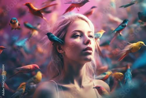 Young woman on mental health jurney having colorful pastel birds flying around her face - Generative AI photo