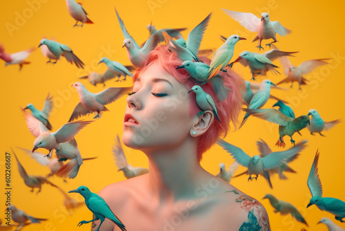 Young woman with pink heir on yellow background, colorful birds flying around her face - Generative AI