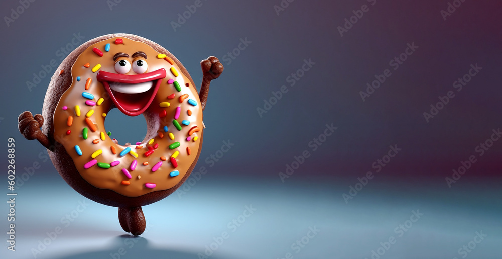 A 3D rendered image of a happy donut with a face, arms, and legs, set against a blue background. The banner has copy space available for text. Generative ai