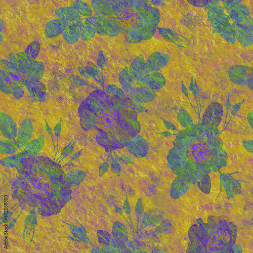 Vintage seamless wallpaper. Seamless pattern in watercolor style. Purple and green flowers on a yellow background. Design for clothes, packaging, wrappers and postcards. Printing on fabric and paper.
