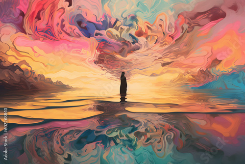 Surreal illustration of woman in colorful pastel clouds - Generative AI