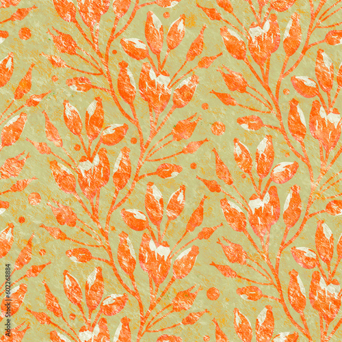 Grunge seamless pattern with floral ornament. Raster illustration for design, wrapping, packaging.