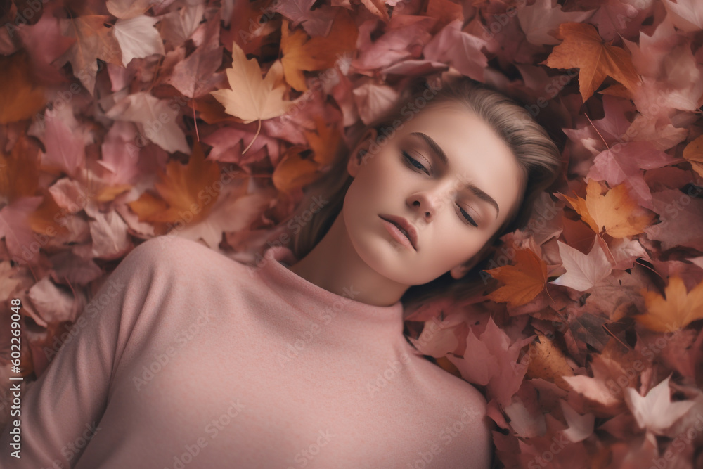 Woman laying down on leafe covered ground - Generative AI