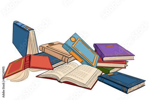 Big pile of different books with hardcover vector illustration on white background