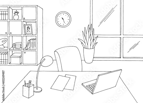 View of the desk in the office graphic black white interior sketch illustration vector