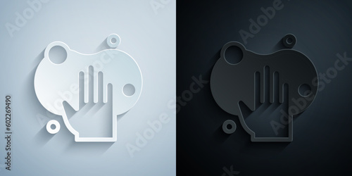 Paper cut Sponge icon isolated on grey and black background. Wisp of bast for washing dishes. Cleaning service logo. Paper art style. Vector