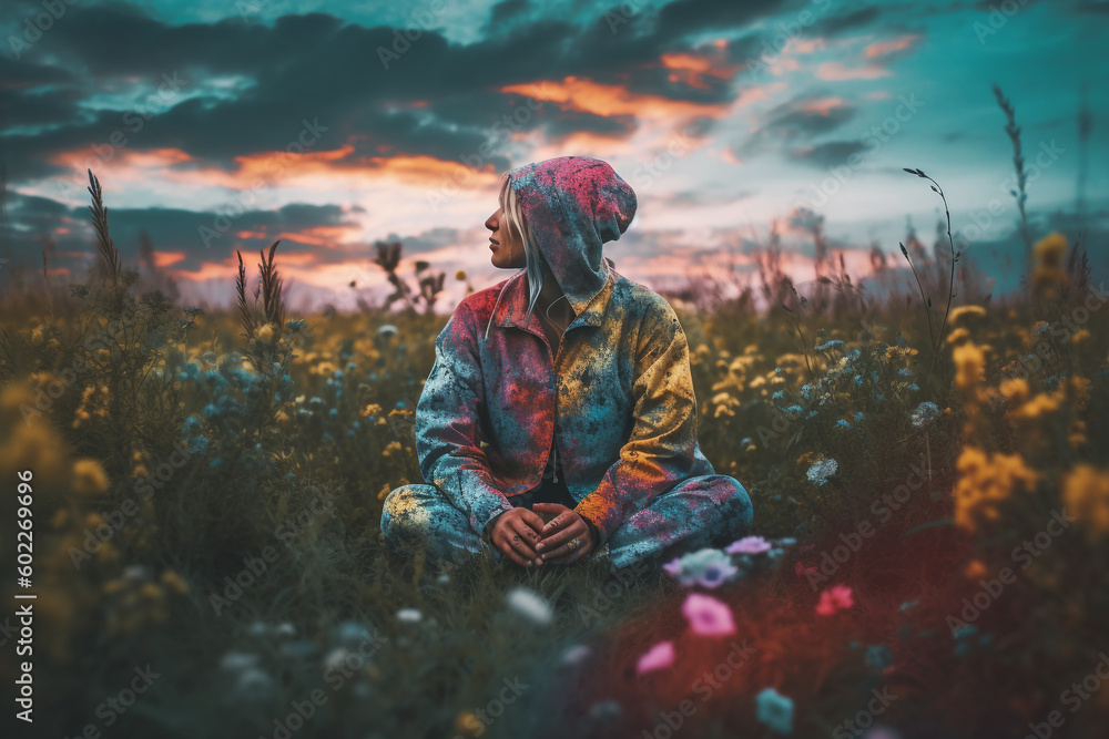 Surreal scene of depressed young adult person covered in pigment dust sitting in field of flowers - Generative AI