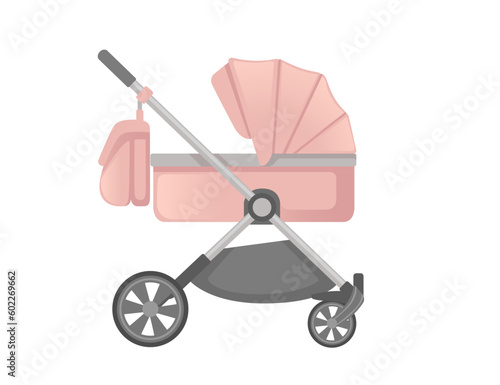 Pink color baby carriage on wheels vector illustration isolated on white background