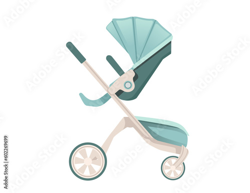 Green color baby carriage on wheels vector illustration isolated on white background