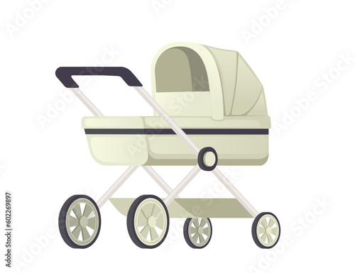 Green color baby carriage on wheels vector illustration isolated on white background
