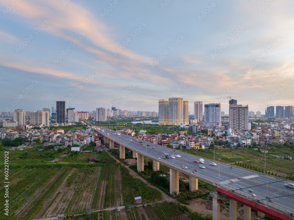 Aerial skyline view of Nhat Tan bridge in Hanoi city, Vietnam.