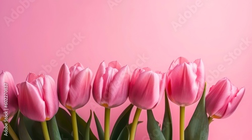 Beautiful composition of pink tulips on pastel pink background with copy space. Generative AI.