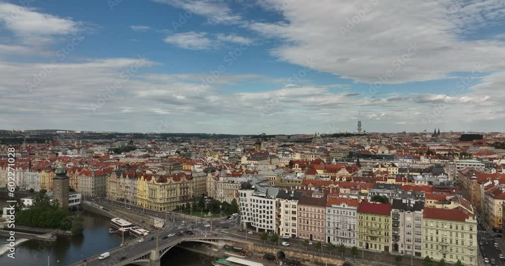 Prague scenic aerial view of old town architecture. Vltava river, bridges in Prague, Czech Republic. Prague panoramic aerial drone view above Prague with church and old european building. Prague scenic aerial view of old town architecture. Vltava river, bridges in Prague, Czech Republic. Prague panoramic aerial drone view above Prague with church and old european building.