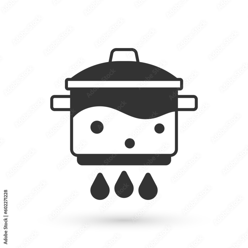 Grey Cooking pot on fire icon isolated on white background. Boil or stew food symbol. Vector Grey Cooking pot on fire icon isolated on white background. Boil or stew food symbol. Vector