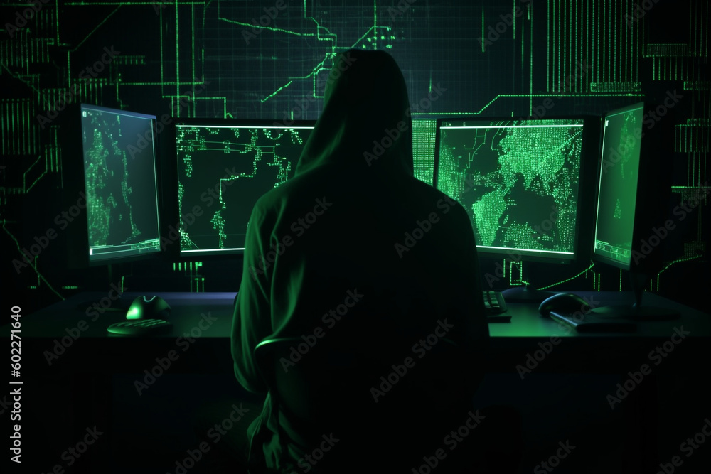 hacker programmer surrounded by green programming codes in a dark ambient cyberspace, sitting at a table with four monitors doing a hacking attack, hacker, cyberspace, programmer, Generative AI hacker programmer surrounded by green programming codes in a dark ambient cyberspace, sitting at a table with four monitors doing a hacking attack, hacker, cyberspace, programmer, Generative AI
