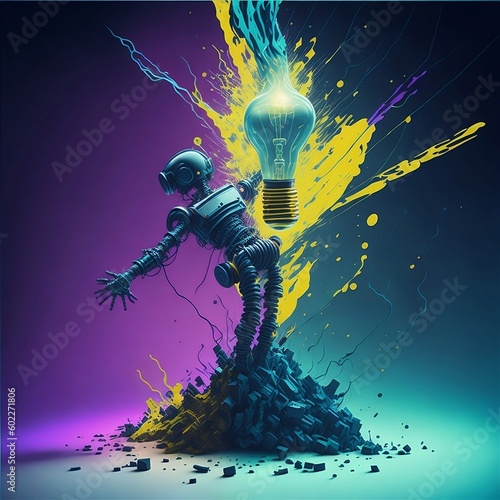 Robot born from a pile of debris, in precarious balance while dodging a light bulb between lights and colors photo