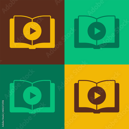 Pop art Audio book icon isolated on color background. Play button and book. Audio guide sign. Online learning concept. Vector