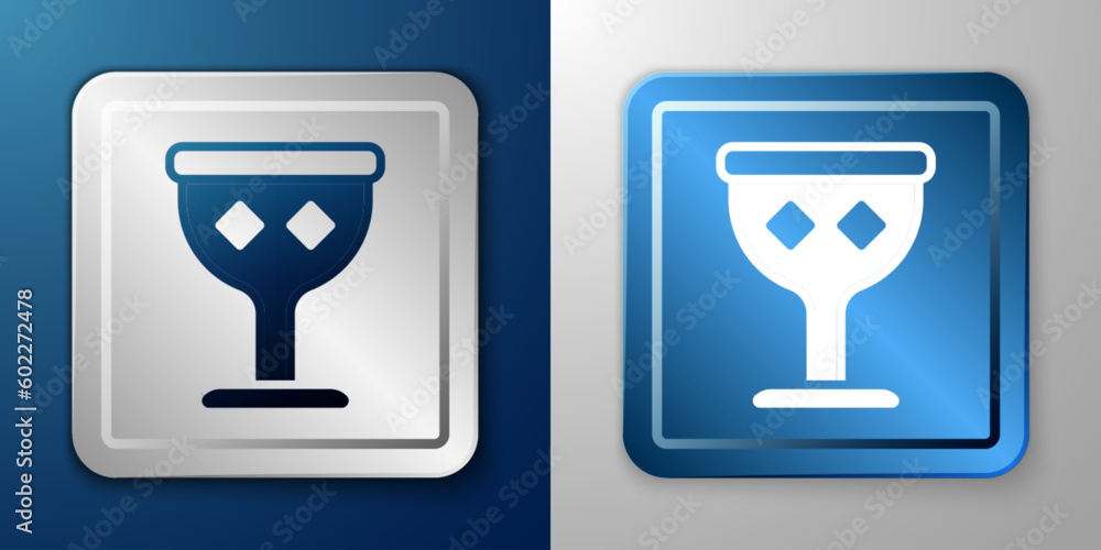 White Medieval goblet icon isolated on blue and grey background. Holy grail. Silver and blue square button. Vector White Medieval goblet icon isolated on blue and grey background. Holy grail. Silver and blue square button. Vector