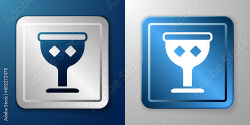 White Medieval goblet icon isolated on blue and grey background. Holy grail. Silver and blue square button. Vector