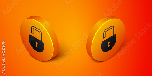 Isometric Open padlock icon isolated on orange background. Opened lock sign. Cyber security concept. Digital data protection. Orange circle button. Vector
