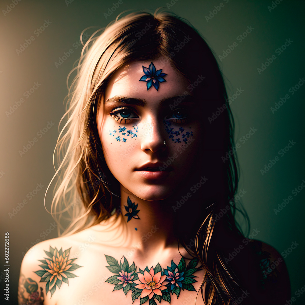 Fototapeta premium Portrait of a handsome young woman with colorful hair and tattoos on face and body. Generative AI.