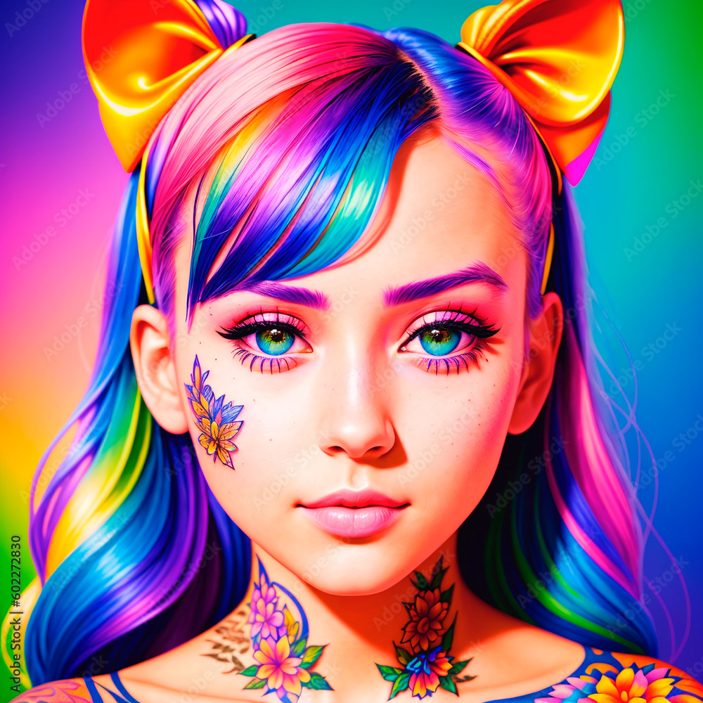 Obraz premium Portrait of a handsome young woman with colorful hair and tattoos on face and body. Generative AI.