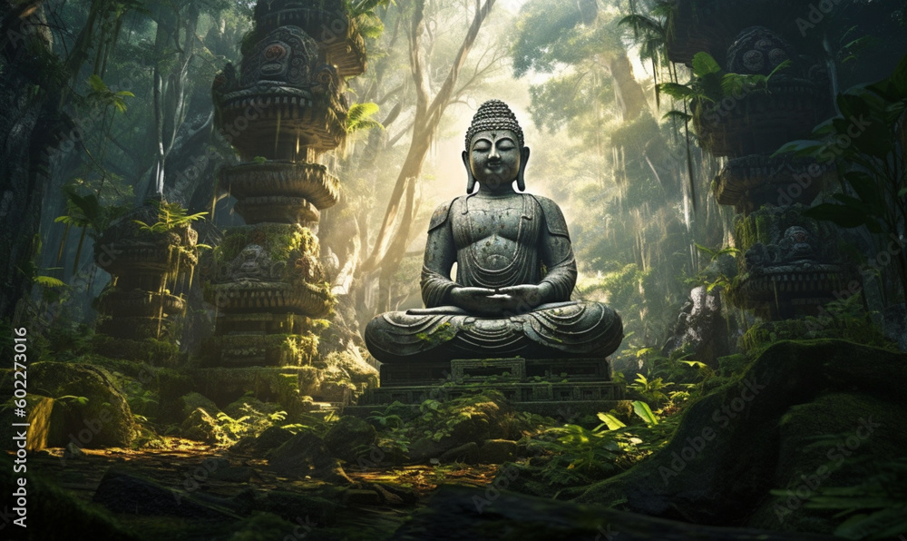 Buddha Statue in einem tropischen Wald, Tempelruine. generative KI