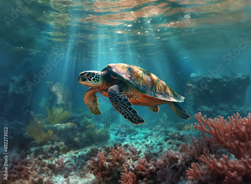 Turtle underwater. Generative AI © Olga Khoroshunova