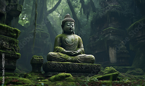 Buddha Statue in einem tropischen Wald  Tempelruine. generative KI
