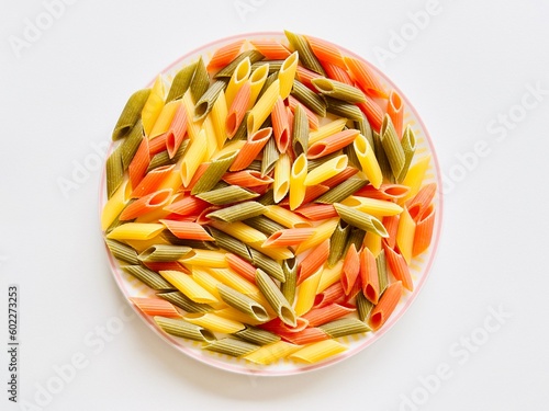 Overhead view of a plate with raw tricolore penne pasta photo