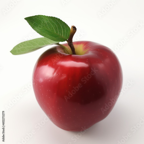 AI Generated image of a red apple with two leaves on a white background