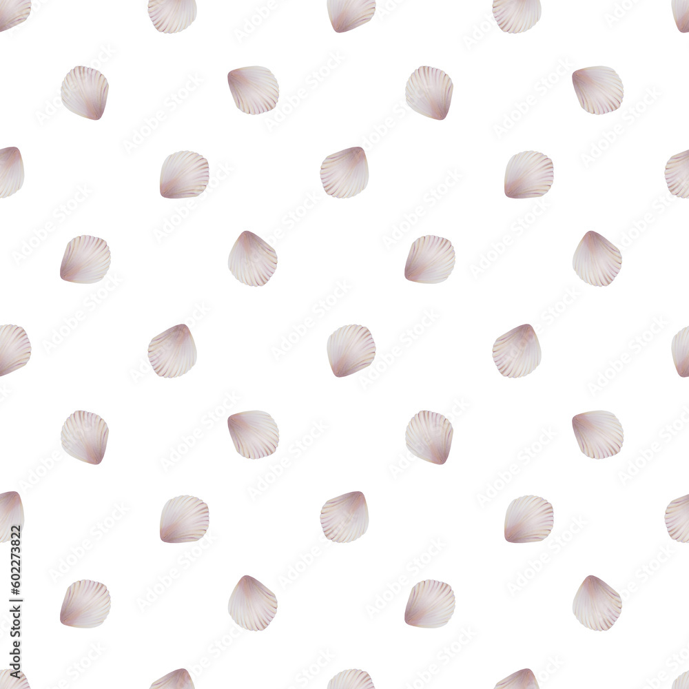 Watercolor seamless pattern with shells. Hand painting clipart underwater life objects on a white isolated background. For designers, decoration, postcards, wrap