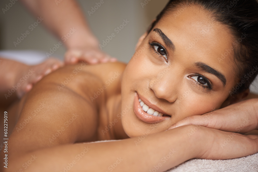 Happy woman, portrait or massage in spa to relax for zen resting or wellness physical therapy in luxury resort. Face of girl smiling in salon for body healing treatment or natural holistic detox