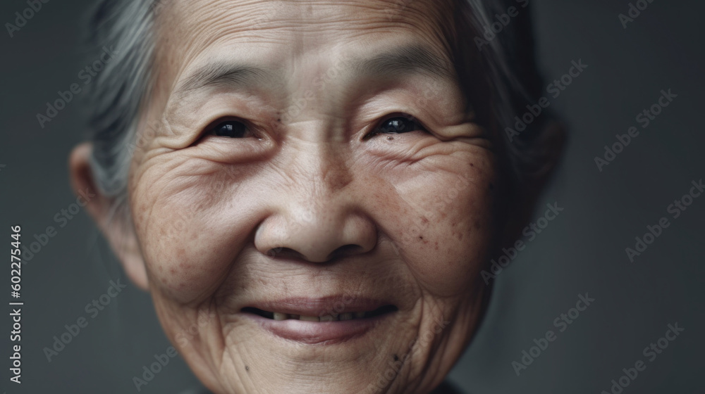 A smiling Asian senior woman exudes a youthful spirit. Generative AI A smiling Asian senior woman exudes a youthful spirit. Generative AI