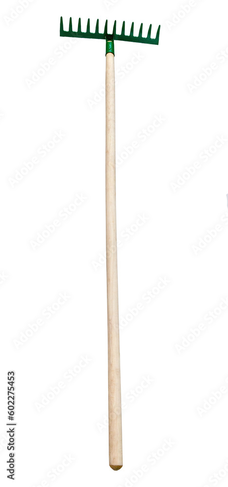 view of steel rake with teeth pointing up with wooden handle isolated on white background view of steel rake with teeth pointing up with wooden handle isolated on white background