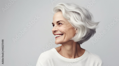 A senior woman's smile brightens her naturally beautiful features. Generative AI