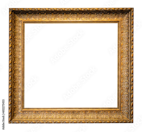 vintage wide carved golden wooden picture frame isolated on white background with cut out canvas