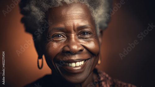 An Afro senior woman's bright smile reflects her inner beauty. Generative AI