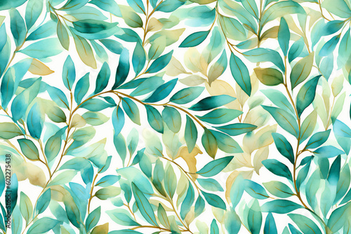 Watercolor Painting of Leaves on White Canvas. Generative AI.