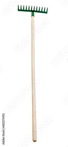 view of steel rake with teeth pointing up with wooden handle isolated on white background