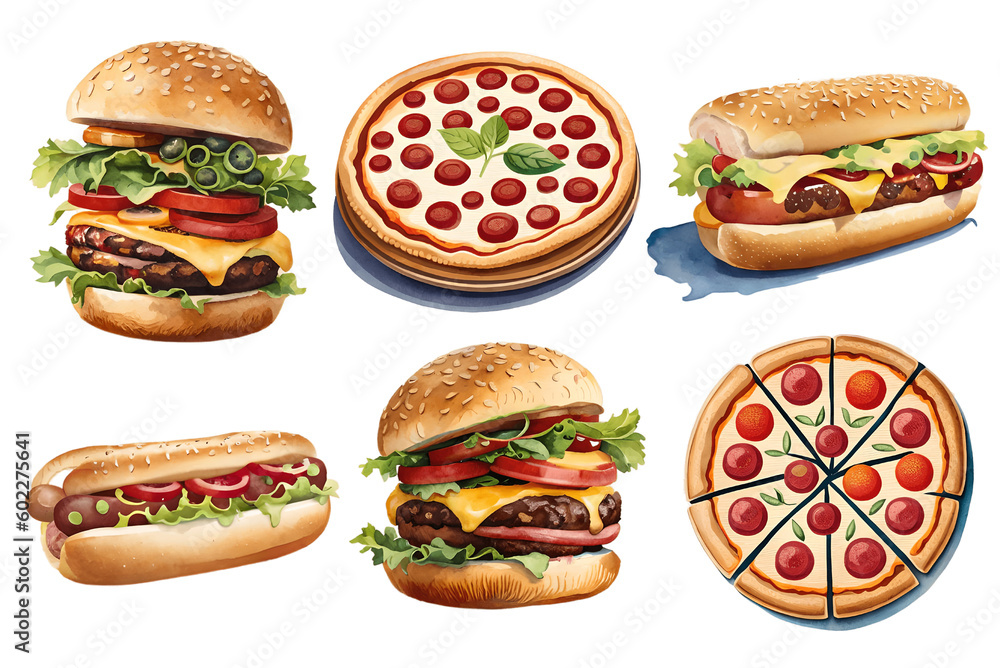 Fast food watercolor set on transparent background. Generative AI Fast food watercolor set on transparent background. Generative AI