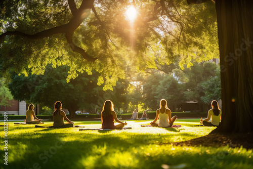 Practicing Yoga Together in the Park. Generative AI.