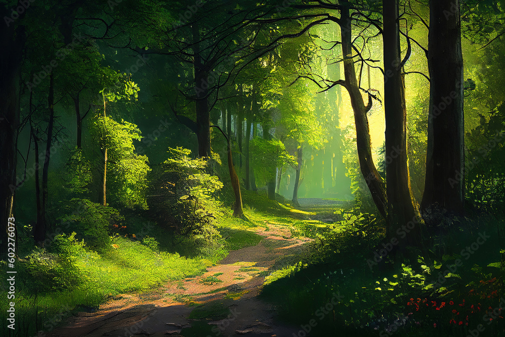 Fototapeta premium Sunlight in the green forest springtime. Generative Ai