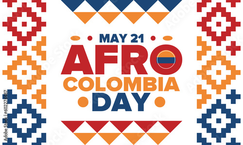 Afro-Colombian Day in Colombia. Celebrate annual in May 21. Freedom day poster. National holiday. Colombian flag. Afro-Colombian culture, history and heritage. Tradition pattern. Vector illustration