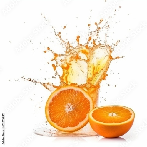 ripe orange on juice splash background - Ai