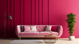 Livingroom in trend viva magenta wall background mockup with sofa furniture and decor.